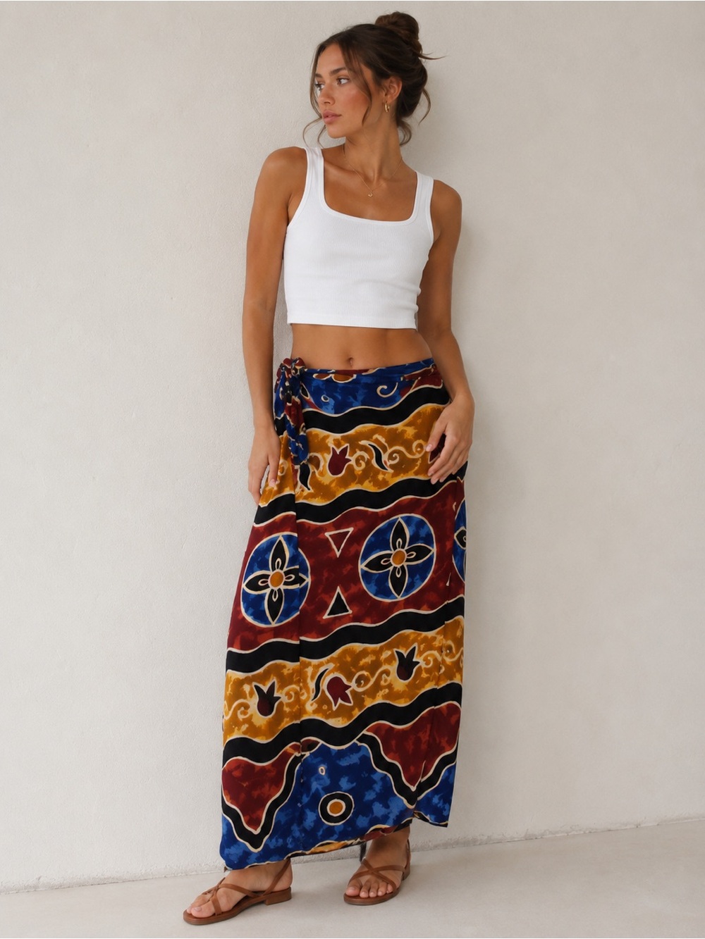 90s Venus Blue Orange Red Patterned Maxi Wrap Beach Skirt Sarong Geometric Aztec